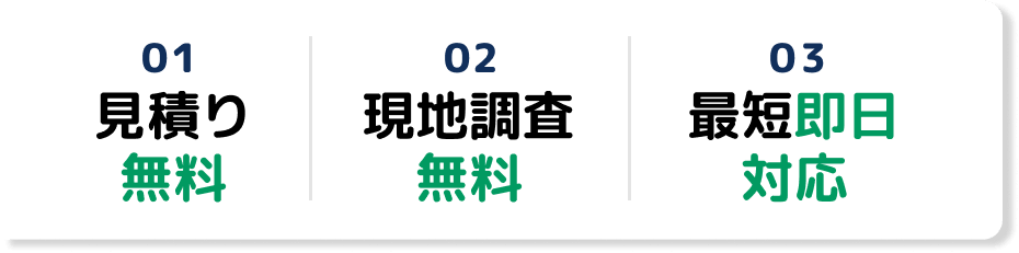 01見積り無料 02現地調査無料 03最短即日対応